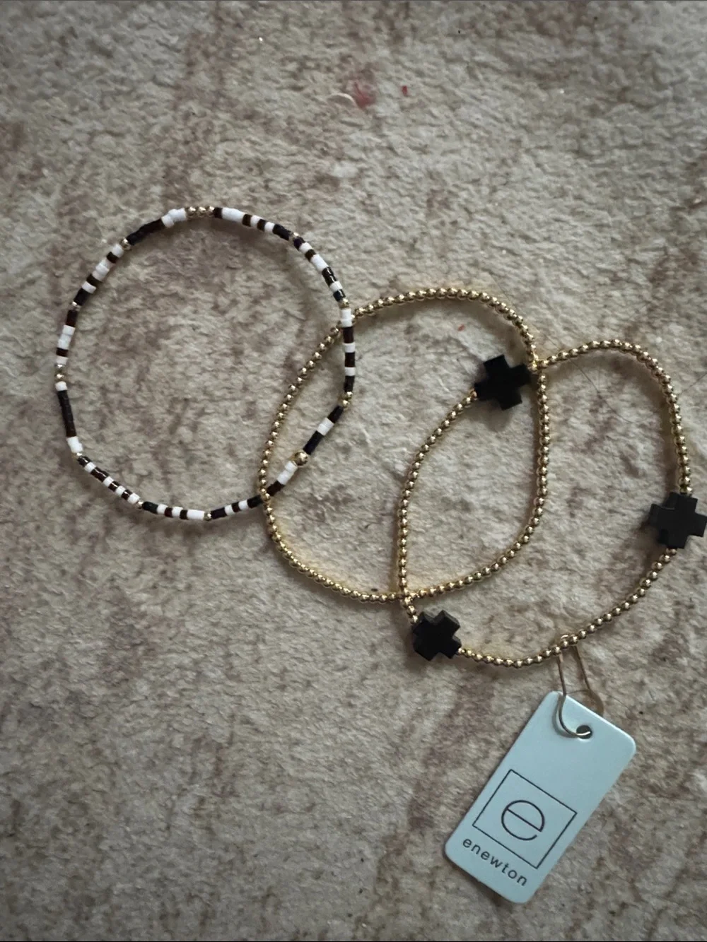 Newton Black, White & Gold Beaded Cross Stretch Bracelet Set